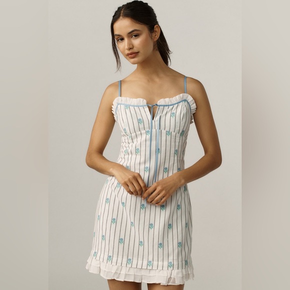 Anthropologie Maeve Blue Jacquard Floral Ruffle Hem Mini Dress Size Size Small - Picture 3 of 8